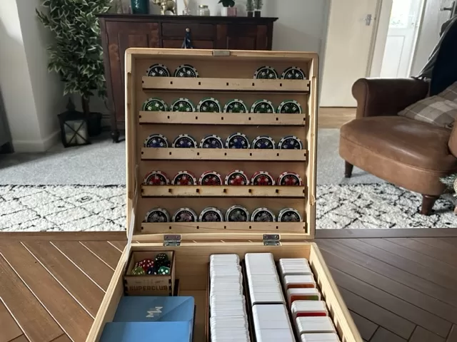 Superclub Storage Solution with poker chips and card storage protecting the cards and storing superclub the board game about football management