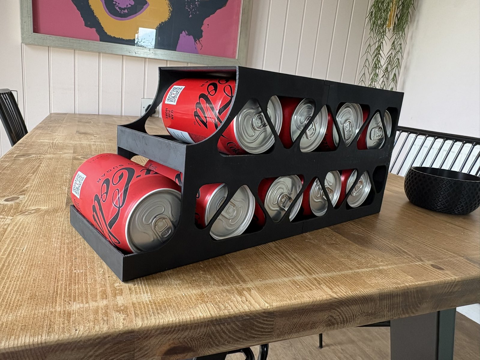 3D printed drinks can holder loaded with cans, printed on the Bambu Lab P2S